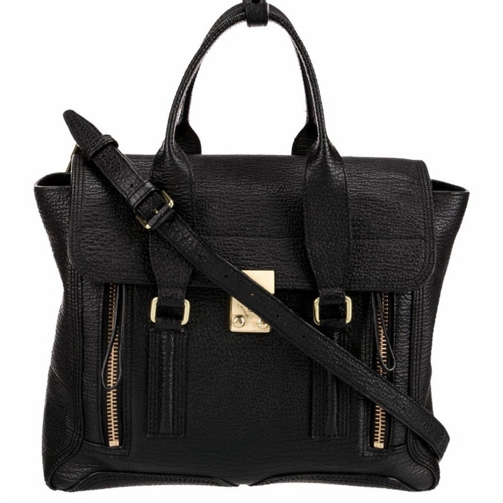 3.1 Phillip Lim Black Leather Top-Handle Satchel with Gold Hardware